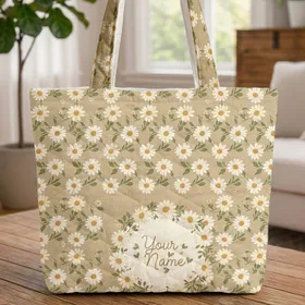 Personalized Daisy Wreath Name - Botanical Everyday Carryall Gift Quilted Tote Bag