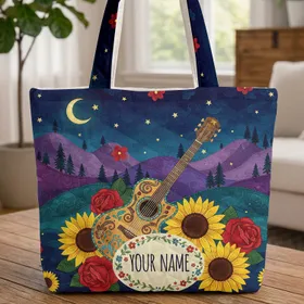 Personalized Ornate Acoustic Guitar Night Mountains Stars Sunflowers Roses - Musician Gift Quilted Tote Bag