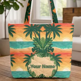 Tropical Sunset Beach Palm Foliage Medallion - Everyday Travel Lifestyle Quilted Tote Bag