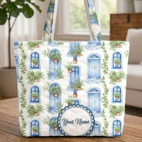 Blue White Arches Planters Cobblestone Travel Essential Gift for Travelers Quilted Tote Bag