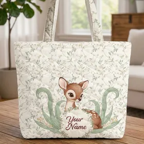 Storybook Fawn Botanical Vines Cream Flowers Floral Wreath Your Name - Wildlife Lover Gift Quilted Tote Bag