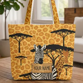 Zebra Giraffe Spots Acacia Tree Safari Animals - Personalized Wildlife Lover Gift Quilted Tote Bag