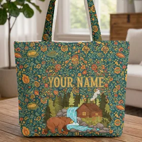 Brown Bear Waterfall Log Cabin Forest Floral Wreath - Everyday Tote Wildlife Lover Gift Quilted Tote Bag