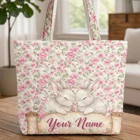 Verdant Leaves Blooming Roses Bunnies Personalized Name Scroll - Everyday Lifestyle Gift Quilted Tote Bag