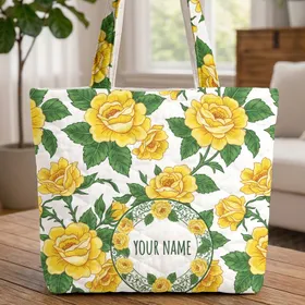 Yellow Roses Green Leaves White Background Scrollwork - Floral Lover Gift Quilted Tote Bag