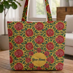 Ornate Indian Floral Wreath Personalized Name - Boho Lifestyle Everyday Tote Gift Quilted Tote Bag