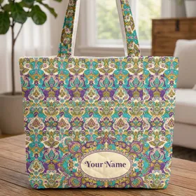 Indian Botanical Floral Paisley Medallion - Boho Lifestyle Gift Quilted Tote Bag