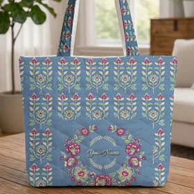 Ornate Personalized Indian Botanical Wreath Floral Blossoms - Everyday Carry Gift Quilted Tote Bag