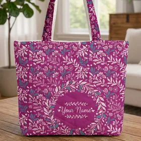 Personalized Name Botanical Wreath Teal Leaves Pink Flowers - Everyday Tote Gift Quilted Tote Bag