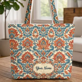 Ornate Botanical Wreath Name Flowers Leaves - Boho Everyday Lifestyle Gift Quilted Tote Bag