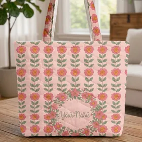 Personalized Folk Floral Wreath Pink Blooms - Nature Lover Birthday Quilted Tote Bag