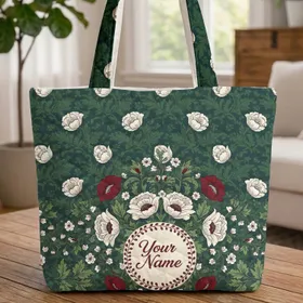 Ornate Personalized Poppy Flower Botanical Bouquet - Nature Lover Everyday Style Quilted Tote Bag