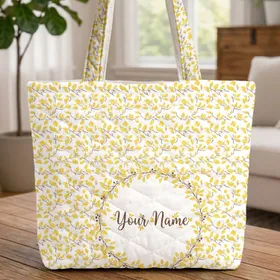 Yellow Leaf Wreath Cursive Name Brown Branches - Botanical Everyday Gift Quilted Tote Bag