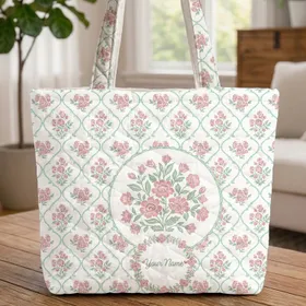 Pink Floral Sprigs Diamond Trellis Bouquet - Everyday Carryall Present for Women Quilted Tote Bag