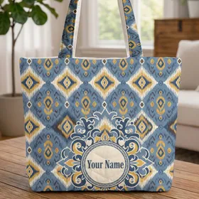 Ikat Ogee Diamond Shapes Medallion 'Your Name' Boho Home Decor Gift Quilted Tote Bag