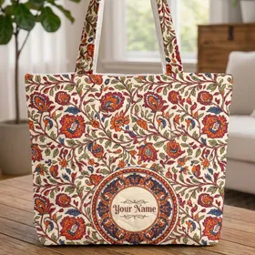 Boho Floral Vines Leaves Berries Circular - Everyday Carry Travel Essential Quilted Tote Bag