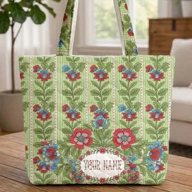 Indian Floral Wreath Red Blue Flowers Pink Stripes - Everyday Boho Lifestyle Gift Quilted Tote Bag