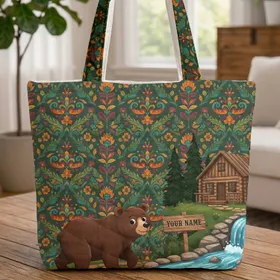 Brown Bear Waterfall Log Cabin Botanical - Nature Explorer Everyday Tote Quilted Tote Bag