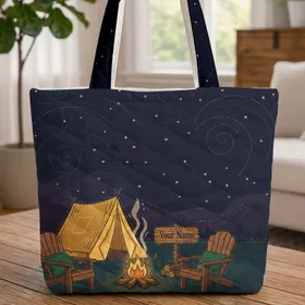 Starlit Night Sky Campfire A-Frame Tent Name Sign - Camping Lover Gift Quilted Tote Bag