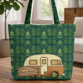 Vintage Camper Van Pine Tree Scene Camping Trip Gift for Camper Van Lover Quilted Tote Bag