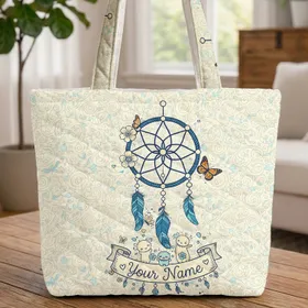 Dreamcatcher Butterflies Flowers Vine Leaf - Personalized Boho Everyday Tote Quilted Tote Bag