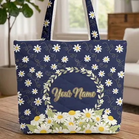 Name Calligraphy Daisies Wreath Golden Swirls - Everyday Floral Lover Gift Quilted Tote Bag