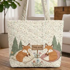 Foxes Camping Evergreen Trees Wildflowers Your Name Sign - Wildlife Lover Gift Quilted Tote Bag
