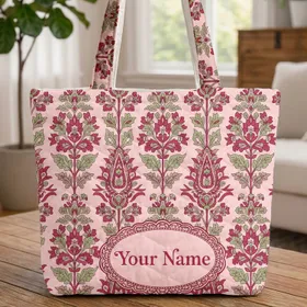 Indian Red Green Floral Paisley Stems - Boho Lifestyle Home Decor Gift for Everyday Travel Quilted Tote Bag