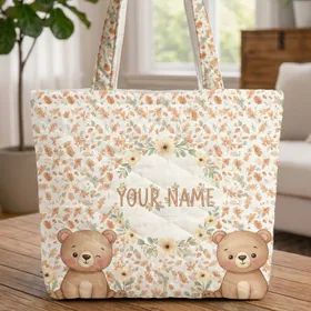 Two Adorable Friendly Bears Wildflowers Autumn Oak Leaves Acorns - Everyday Tote Quilted Tote Bag