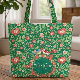 Adorable Birds Flowering Vines Personalized Name - Everyday Tote Bird Lover Gift Quilted Tote Bag