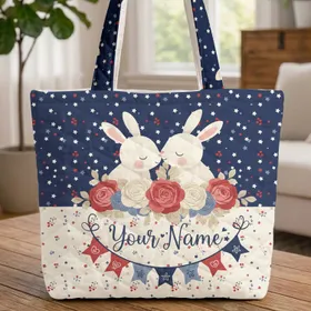 Bunnies Nuzzling Roses Star Berry Bunting - Thoughtful Everyday Gift Quilted Tote Bag