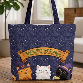 Halloween Cats Witch Hats Pumpkins Gothic Vines Bats - Halloween Gift for Cat Lover Quilted Tote Bag