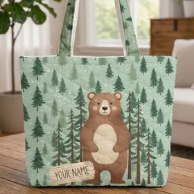 Personalized Brown Bear Rustic Wooden Sign Pine Trees - Nature Lover Gift Quilted Tote Bag