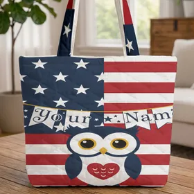 Patriotic Owl Stars Stripes Bunting Flags - Independence Day Celebration Gift Quilted Tote Bag
