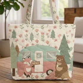 Vintage Pastel Camper Van Wildflowers - Road Trip Adventure Gift for Camper Lover Quilted Tote Bag