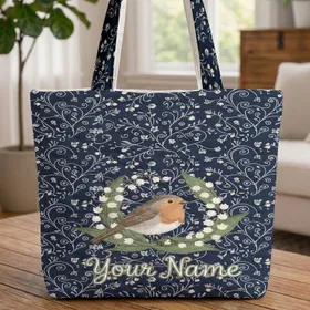 Robin Bird White Lily of the Valley Bell Flowers Swirling Vines - Nature Lover Gift Quilted Tote Bag
