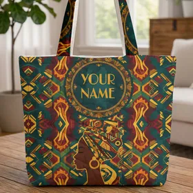African Woman Headwrap Name Medallion Tribal - Boho Lifestyle Gift Quilted Tote Bag