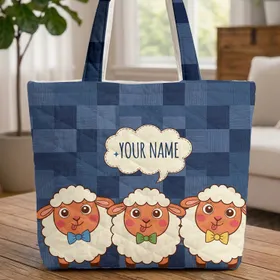 Cartoon Sheep Bow Tie Cloud Speech Bubble Denim Patchwork - Sheep Lover Gift Quilted Tote Bag