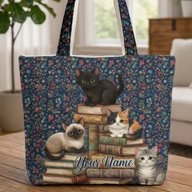 Black Siamese Calico Tabby Cats Antique Book Stacks Floral - Book Reader Cat Lover Gift Quilted Tote Bag
