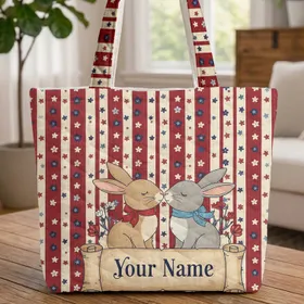 Nuzzling Bunnies Patriotic Wildflowers Stars Bellflowers - Independence Day Gift Quilted Tote Bag