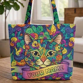 Cat Face Rainbow Swirl Ribbon Your Name Bubble Letters - Everyday Tote Cat Lover Gift For Her Quilted Tote Bag