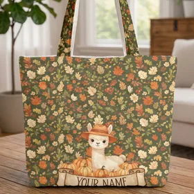 Baby Alpaca Autumn Pumpkins Your Name Scroll - Fall Season Alpaca Lover Gift Quilted Tote Bag