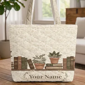 Vintage Book Shelves Botanical Plants Floral Sprays - Home Decor Reading Nook Gift Quilted Tote Bag