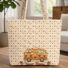 Vintage Camper Van Hearts Roses Name Scroll - Travel Lover Road Trip Gift Quilted Tote Bag