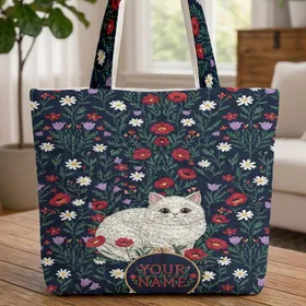 White Fluffy Cat Wildflowers Personalized - Cat Lover Gift Quilted Tote Bag