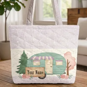 Retro Camper Your Name Pine Tree Roses - Travel Essentials Gift for Camper Lover Quilted Tote Bag