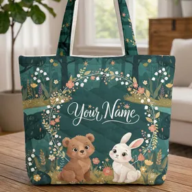 Woodland Bear Cub Bunny Wildflowers Forest Scene - Wildlife Lover Everyday Tote Quilted Tote Bag