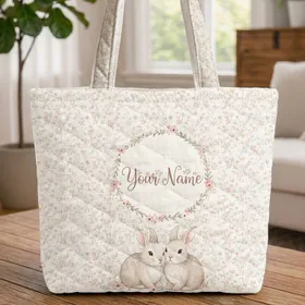 Pastel Wildflower Blossom Nuzzling Bunnies 'Your Name' Wreath - Everyday Gift Quilted Tote Bag