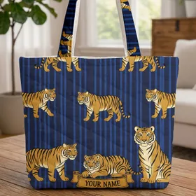 Personalized Amber Gold Striped Tigers - Wildlife Lover Everyday Carry Gift Quilted Tote Bag