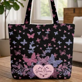 Scattered Ornate Butterflies Floating Heart Leaf Accents Black Background Everyday Tote Quilted Tote Bag